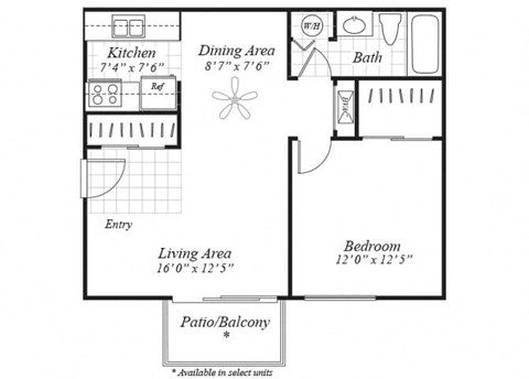 Floor plan for 1 bed, 1 bath, 603 sqft
